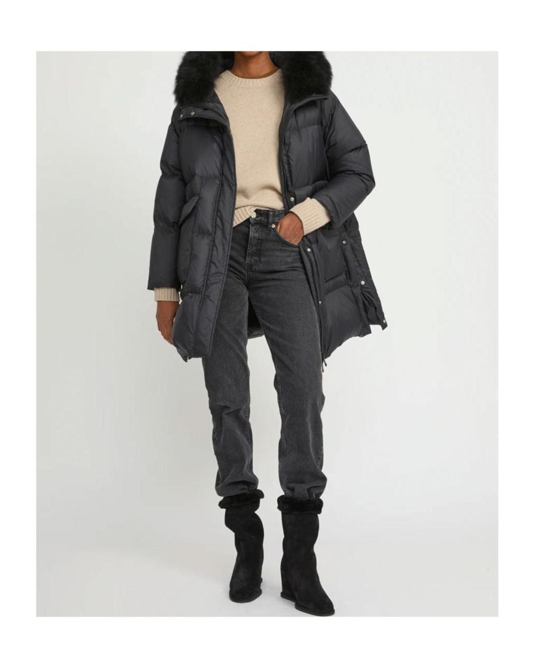 Yves Salomon Black Lambshearling-Hooded Down Jacket