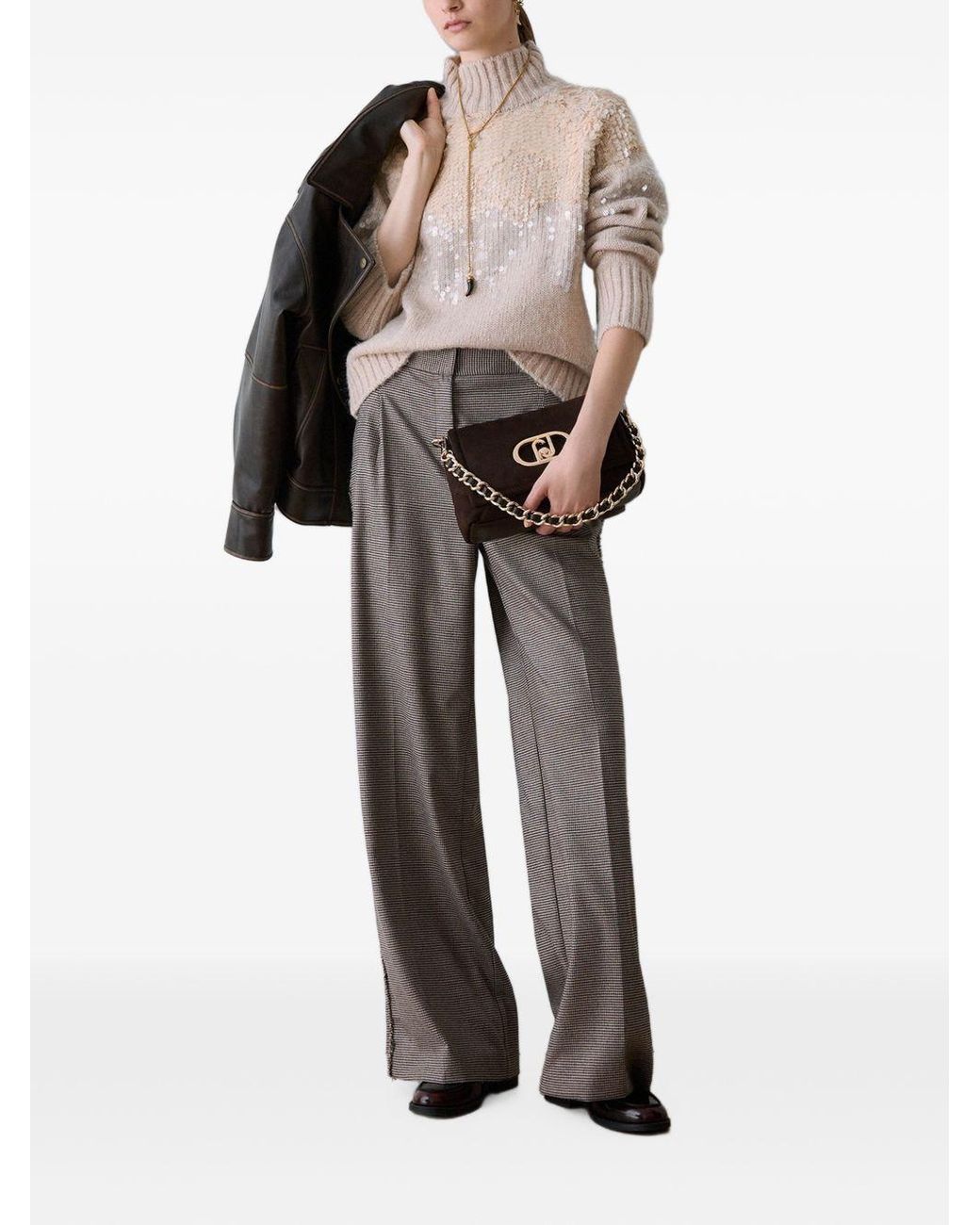 Liu Jo Gray Frayed Houndstooth Wide-Leg Pants