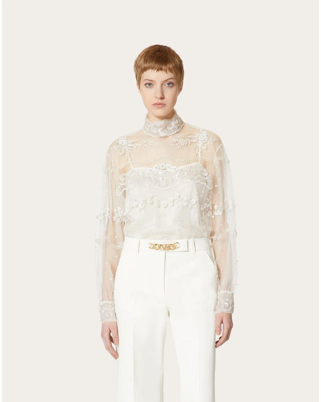 Valentino White Tulle Illusione Embroidered Top
