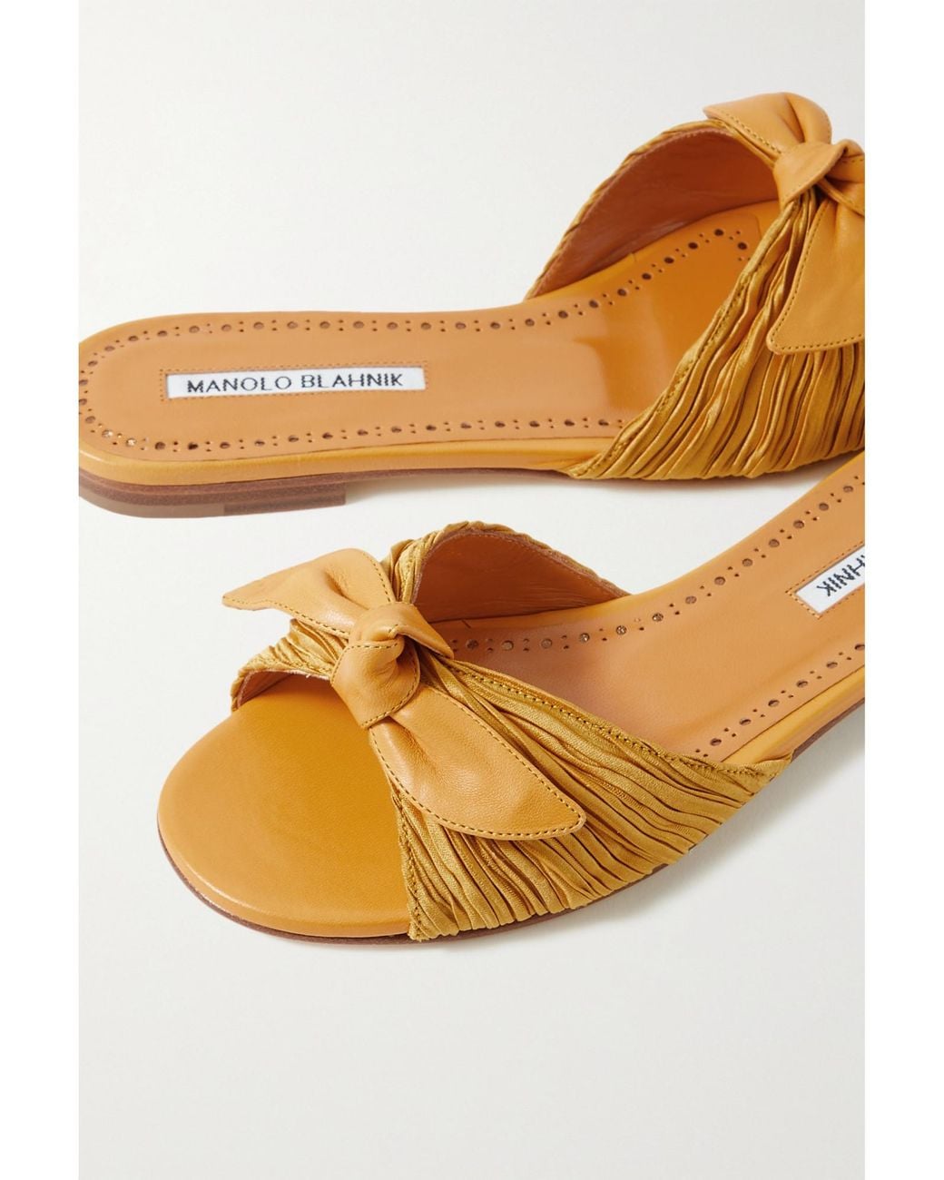Manolo Blahnik Brown Notamu Bow-Detailed Plissé-Satin And Leather Slides