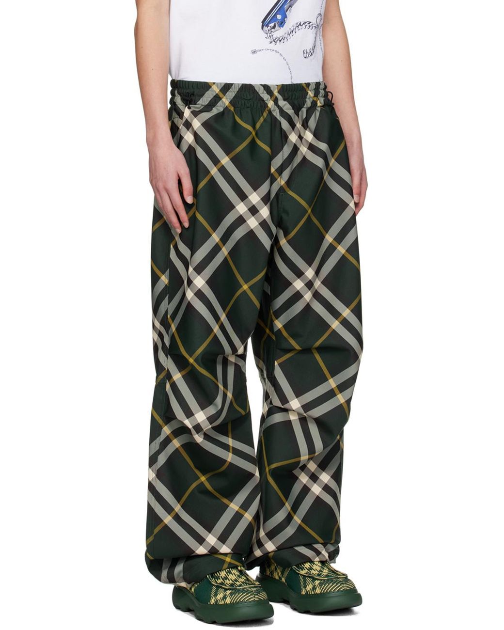 Burberry Green Wide-Leg Equestrian Knight Motif Checked Trousers for men