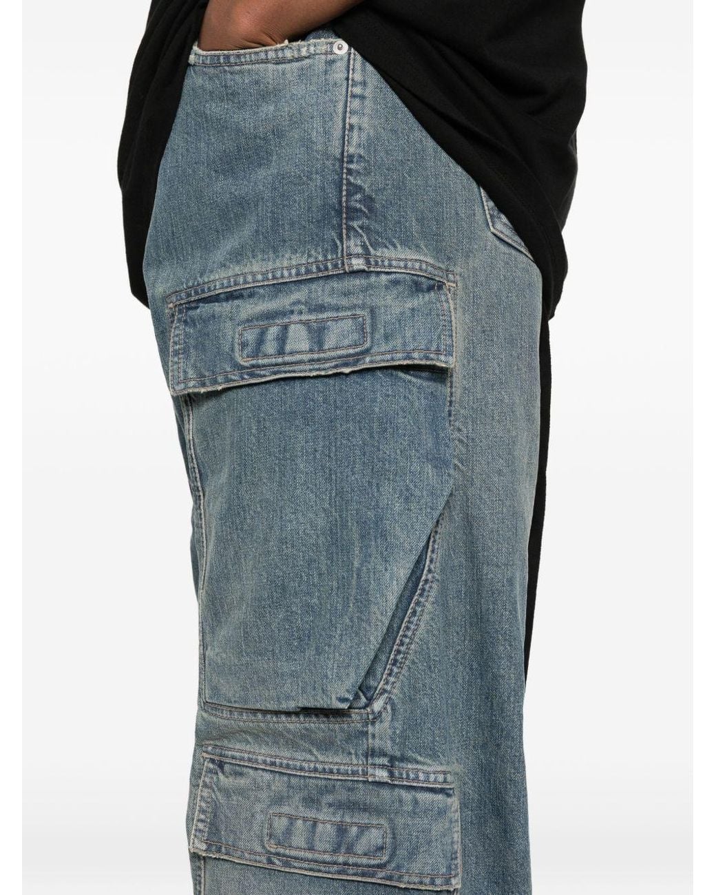 Rick Owens Blue Distressed Relaxed-Fit Cargo Jeans for men