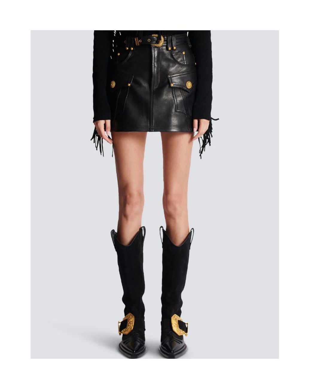 Balmain Black Western Leather A-Line Skirt