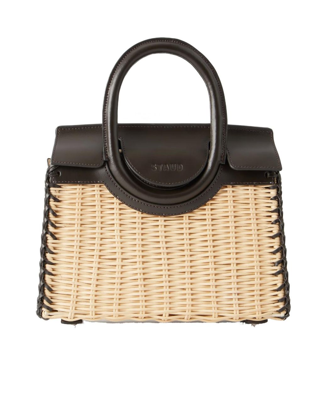 Staud Black Maude Mini Leather-Trimmed Raffia Tote