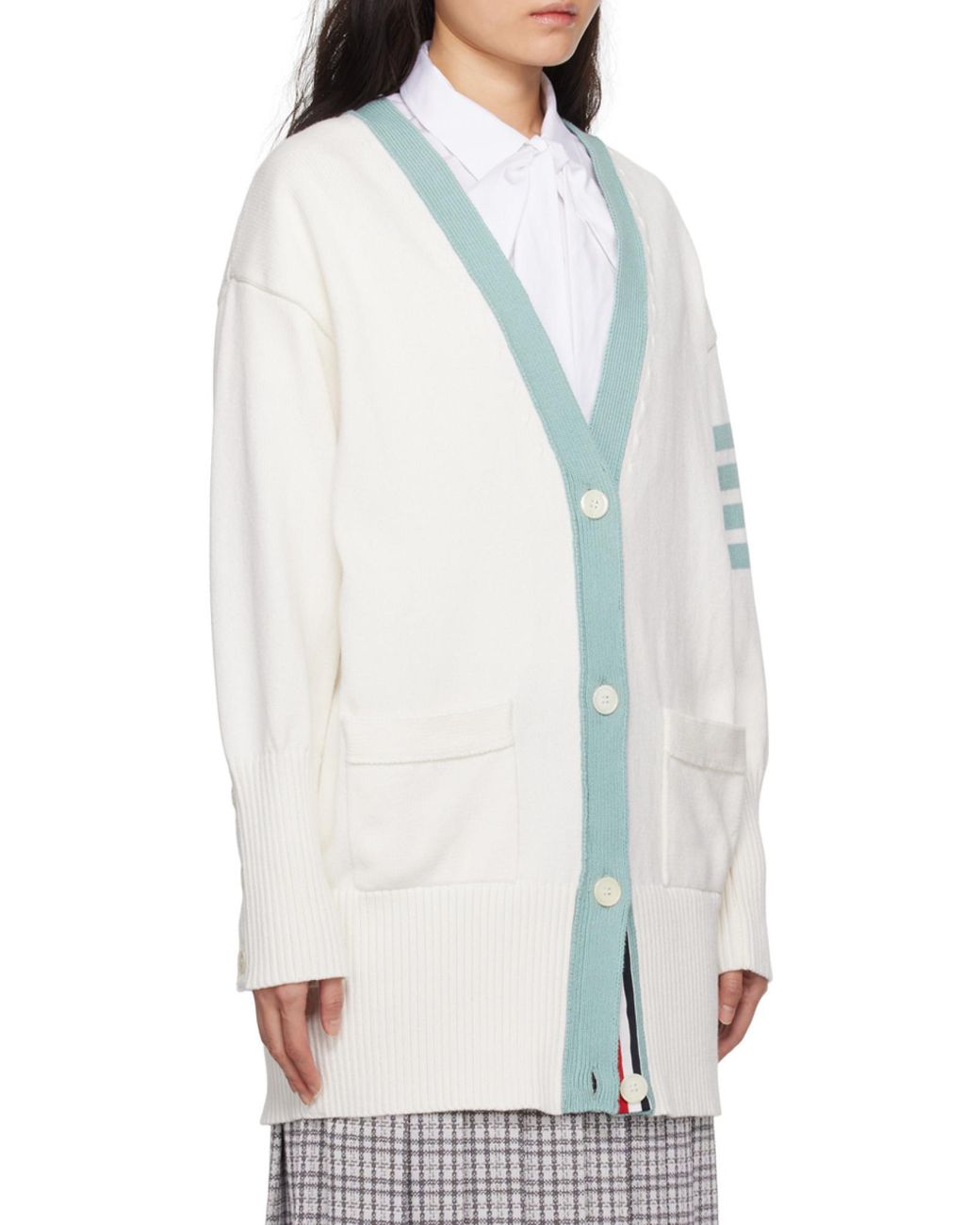 Thom Browne White 4-Bar Oversized V-Neck Cardigan