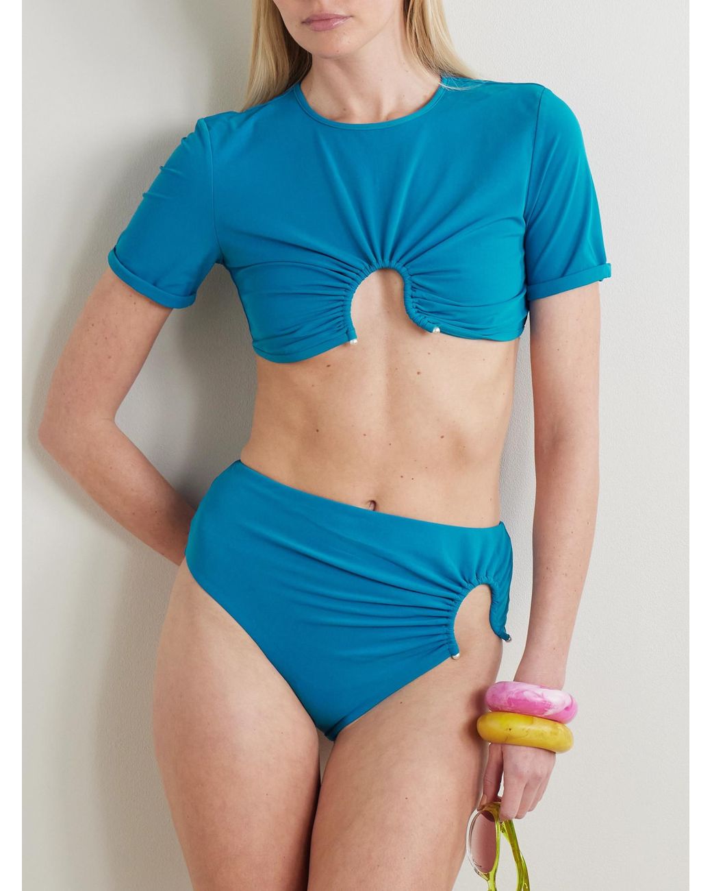 Christopher Esber Blue Crescent Embellished Cutout Ruched Bikini Briefs