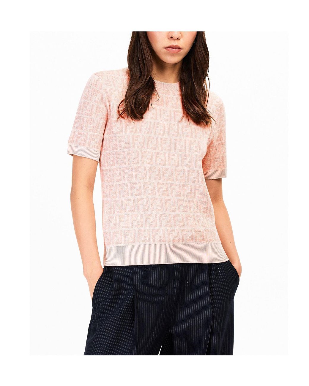 Fendi Natural Light Short-Sleeve Crew Neck Knit Top