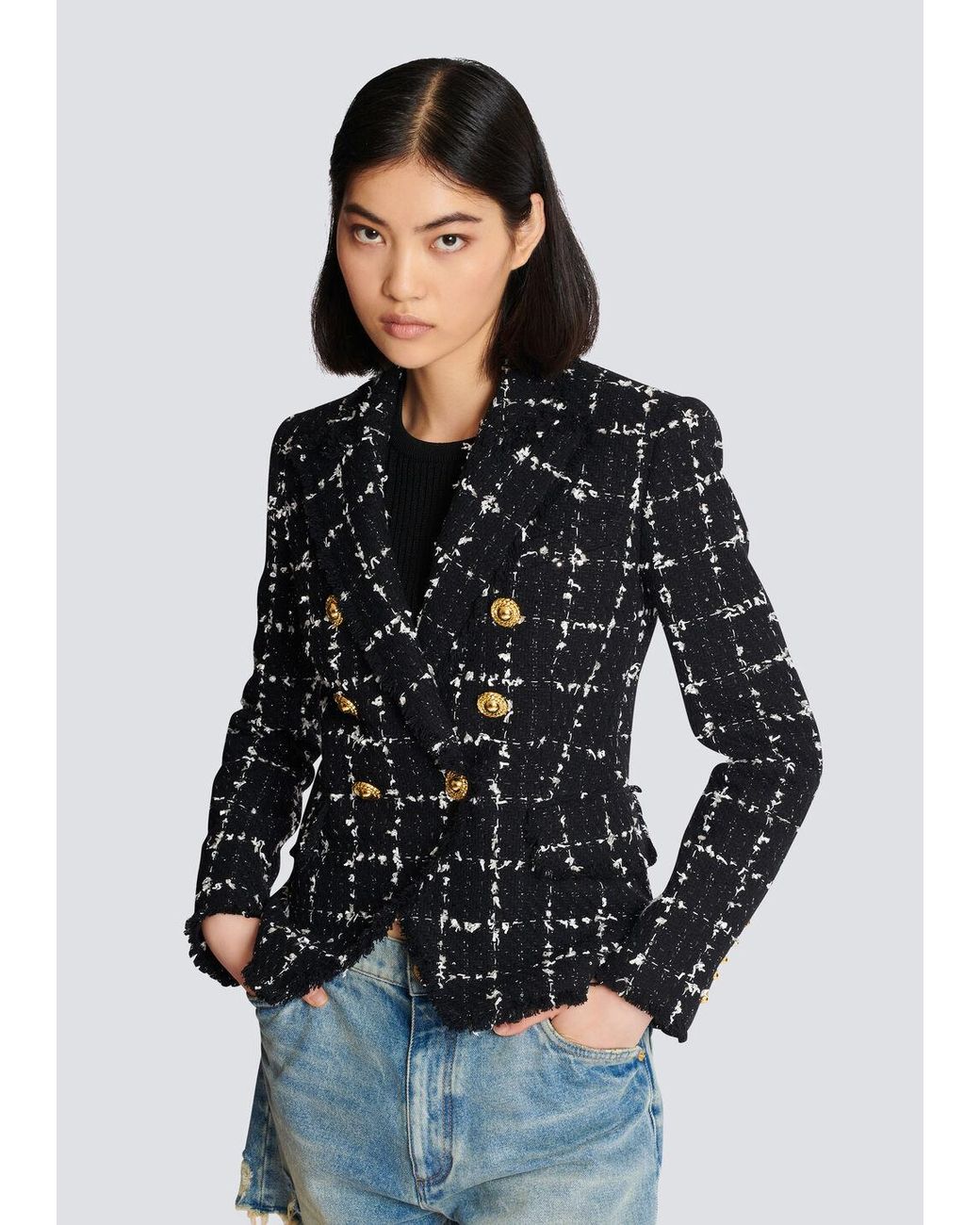 Balmain Black Check Tweed 6-Button Jacket