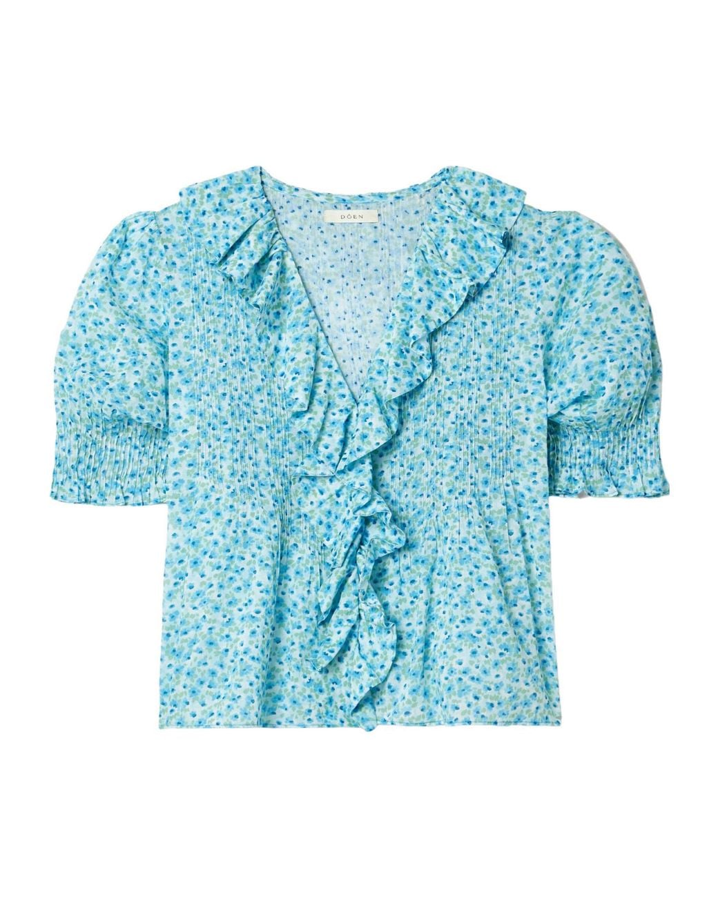 Doen Blue Ruffled Pintucked Floral-Print Voile Top