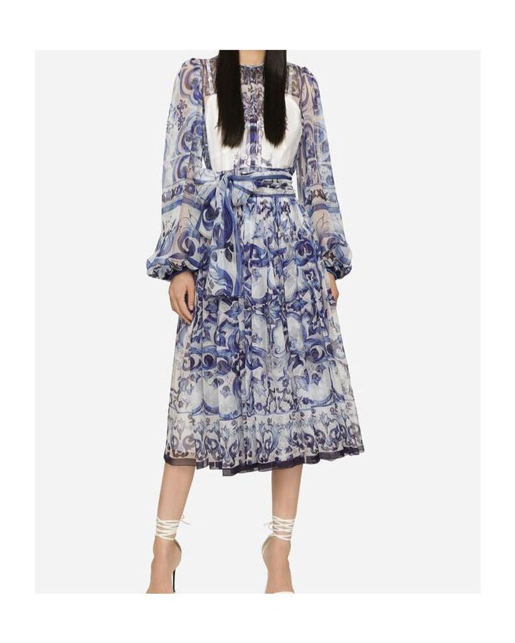 Dolce & Gabbana Blue Majolica Printed Mid-Length Dress