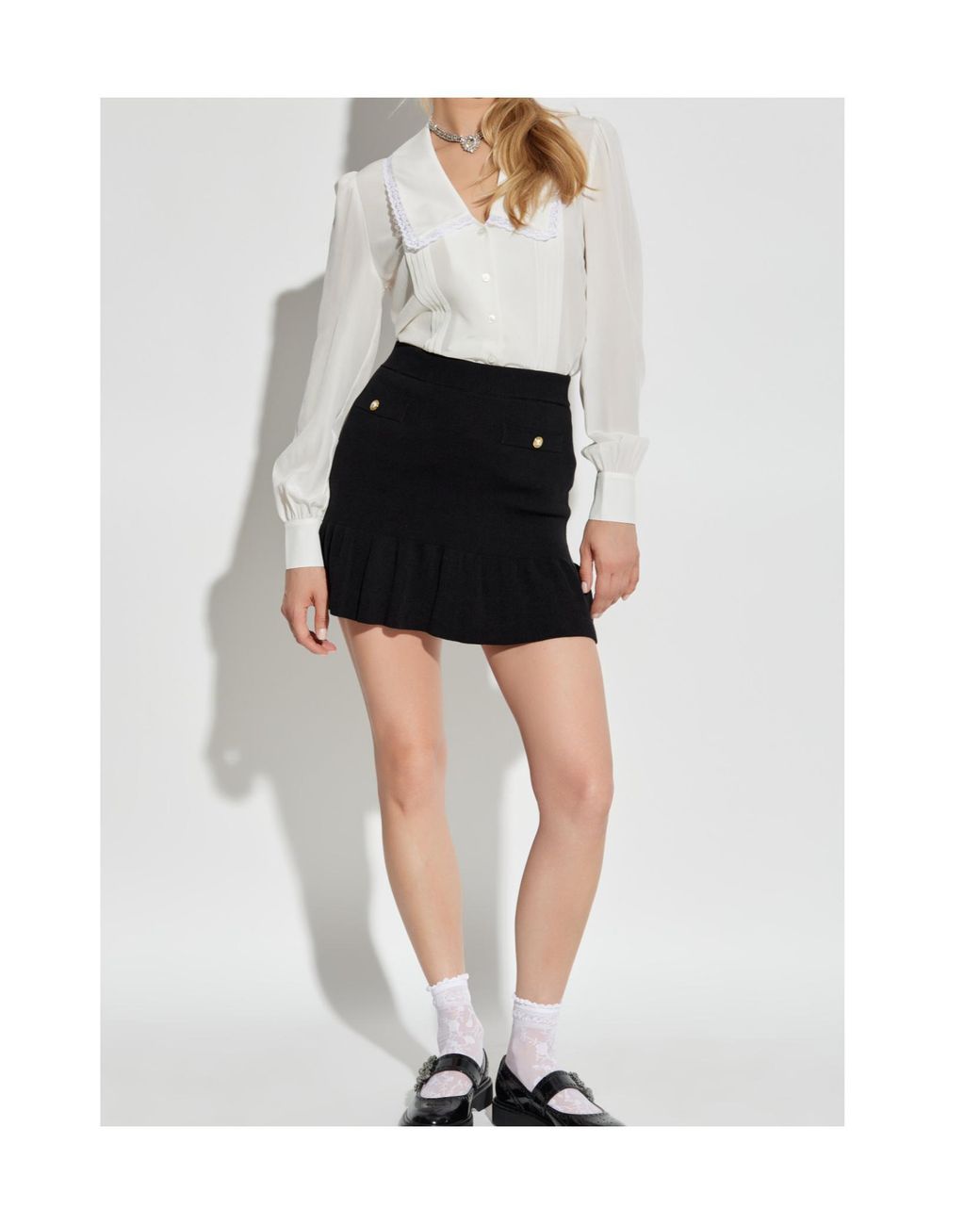 Alessandra Rich White Lace-Trimmed Pleated Blouse