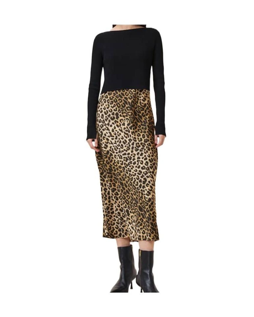 AllSaints Black Leopard Printed Off-Shoulder Dress