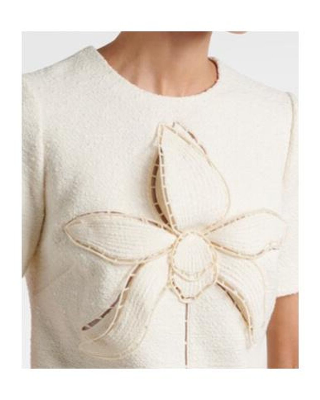 Oscar de la Renta White Orchid Embroidered Cotton Tweed Shift Dress