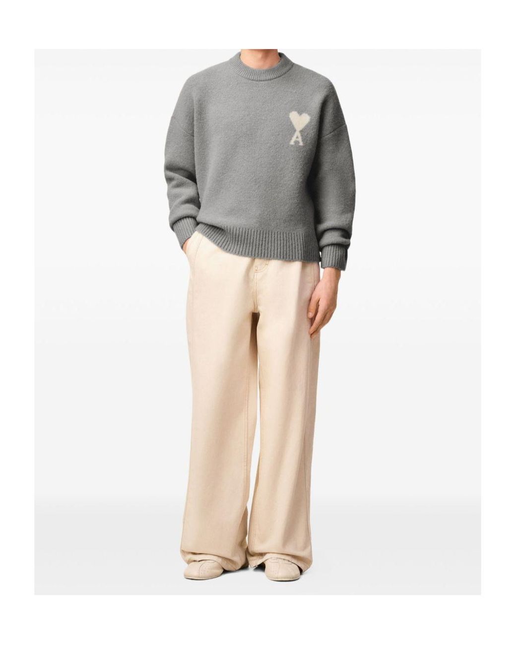 AMI Gray Logo Detailed Crewneck Jumper