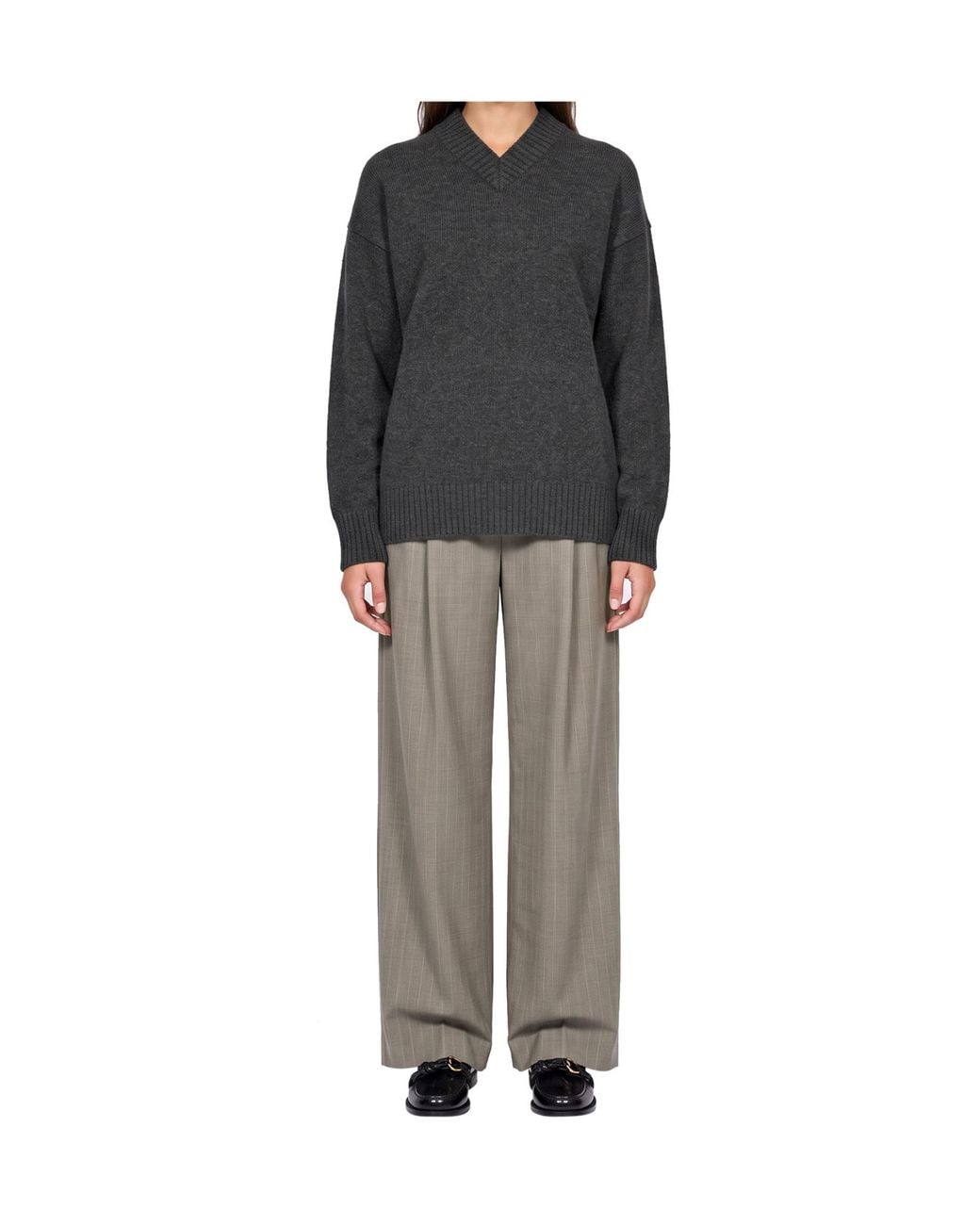 Soeur Gray Notch Collar Loose Knit Sweater