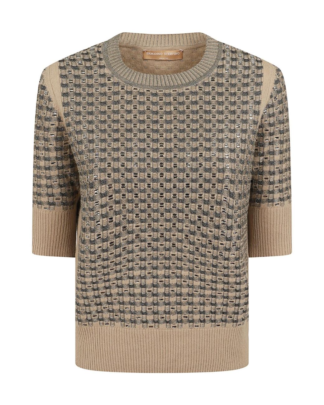 Ermanno Scervino Gray Embellished Short-Sleeve Knitted Sweater