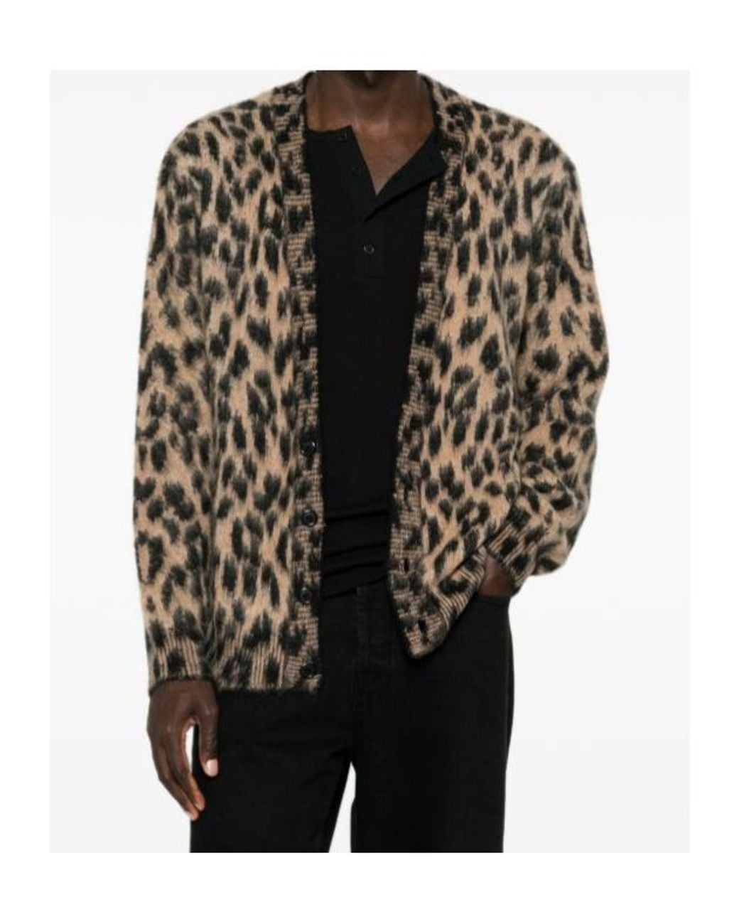 Laneus Brown Leopard-Print Knit Cardigan for men