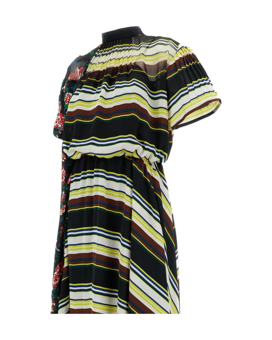 Sacai Green Floral Printed Stripe Detailed Midi Dress
