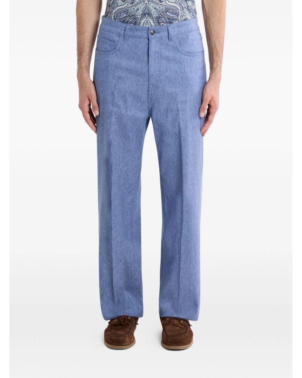 Etro Blue Straight-Leg Linen-Blend Denim Jeans With Pressed Creases for men