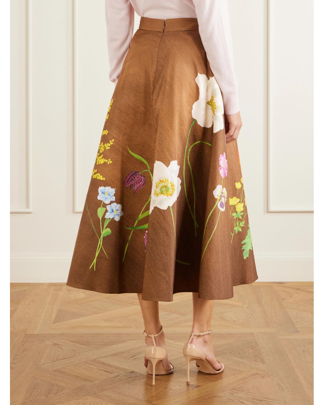 Oscar de la Renta Brown Floral-Print Cotton-Poplin High-Waist Midi Skirt