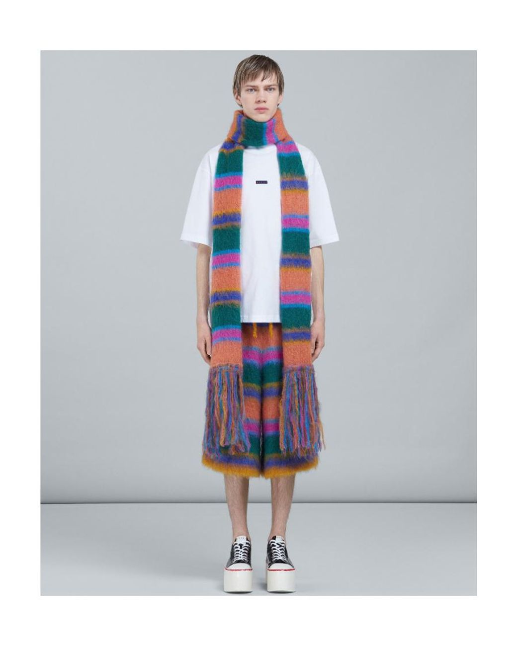 Marni Red Fringed Striped Scarf for men
