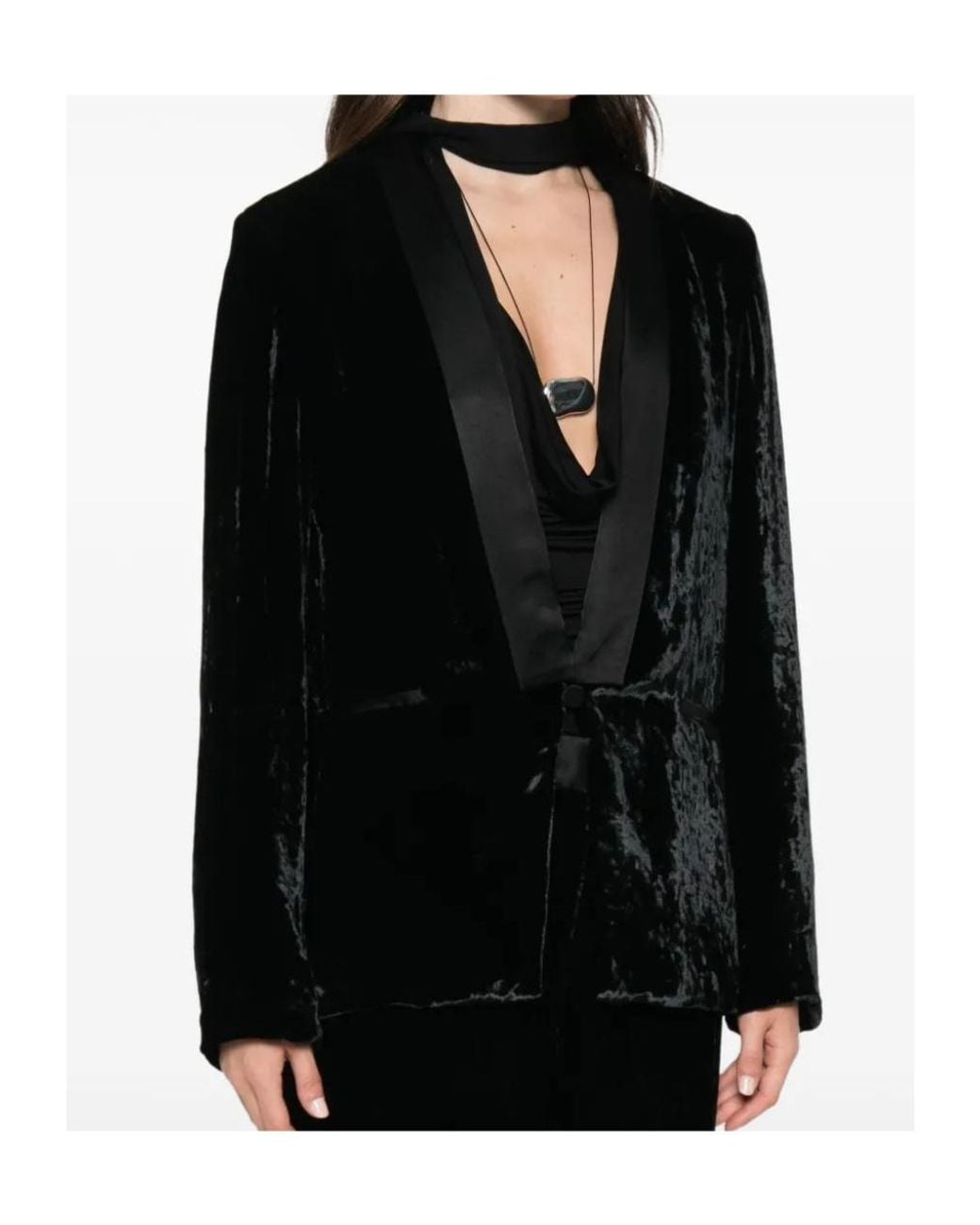 Forte_forte Black Crushed-Velvet Satin-Lapel Blazer