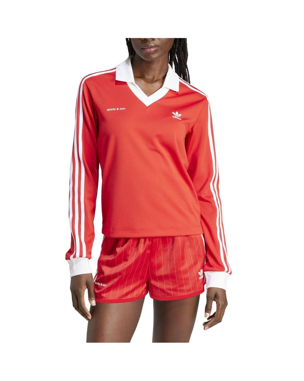 Adidas Originals Red Retro Colorblock Vneck Longsleeve Polo Top