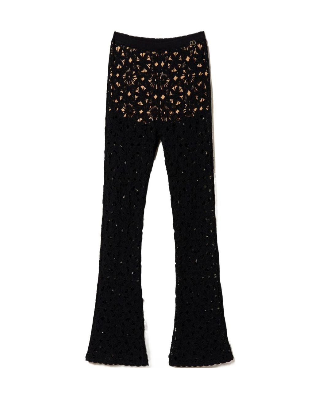 Twinset Black Floral-Crochet Flared Trousers