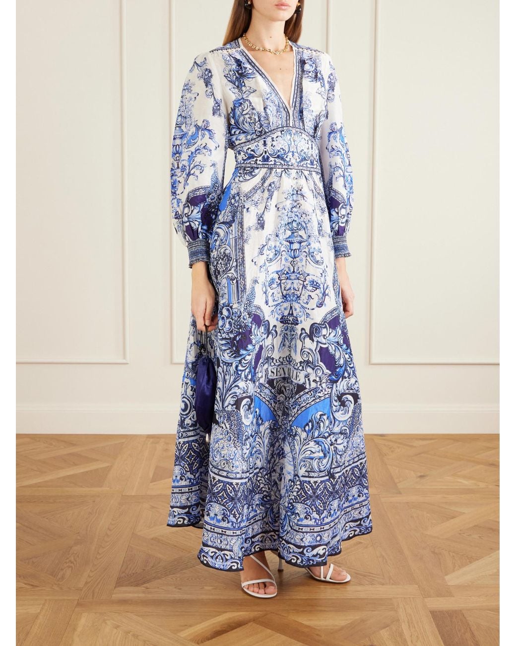 Camilla Blue Crystal-Embellished Printed Linen And Silk-Blend Maxi Dress