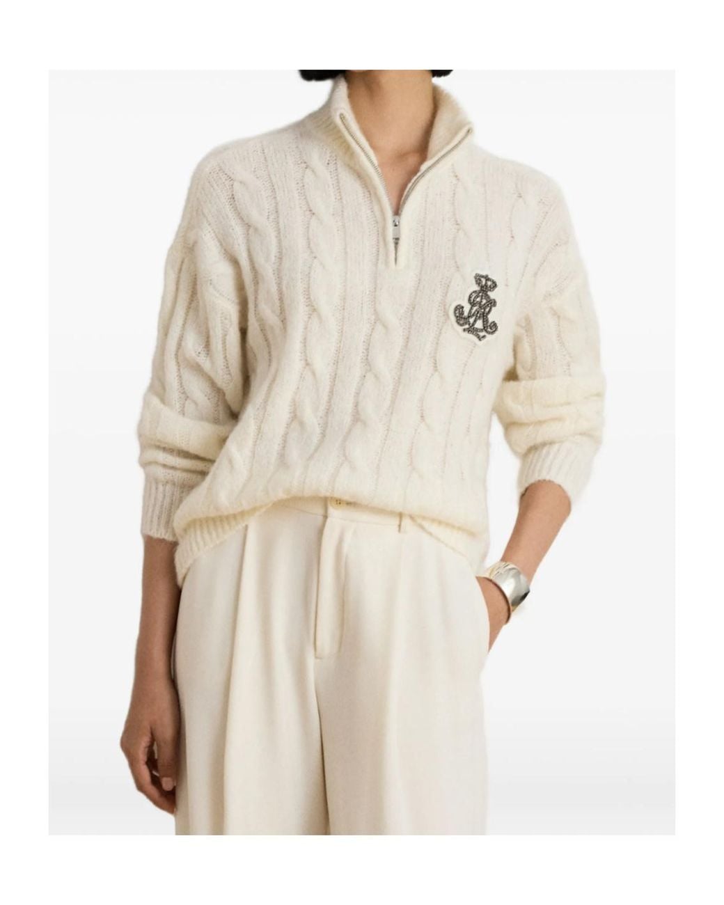 Ralph Lauren White Cable-Knit Half-Zip Sweater