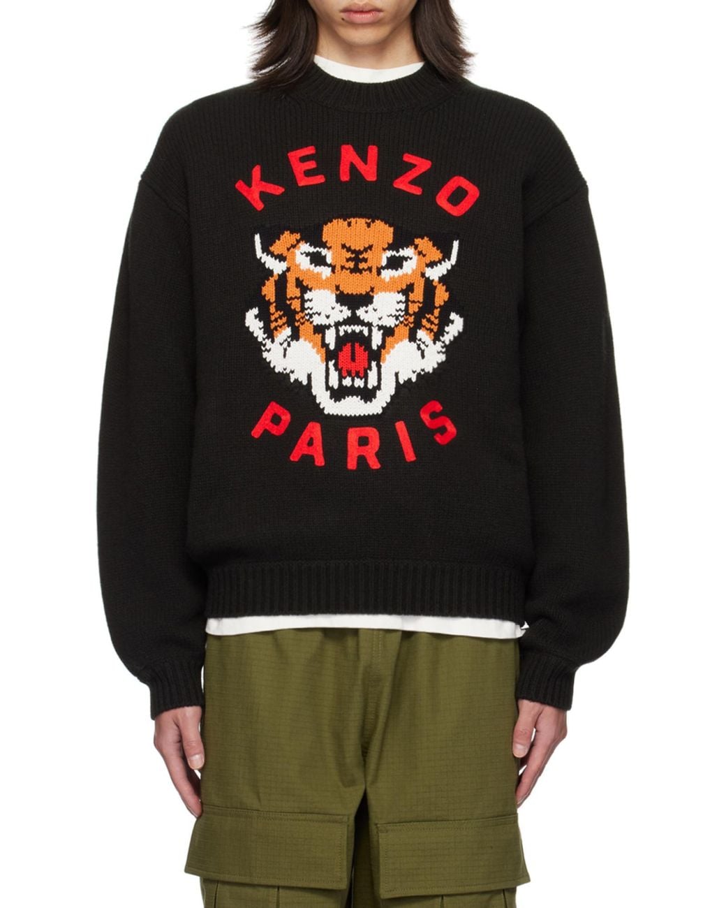 KENZO Black Lucky Tiger Embroidered Knitted Jumper for men