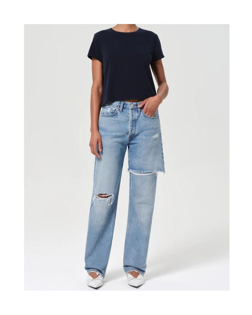 Agolde Blue Distressed Straight-Leg Jeans
