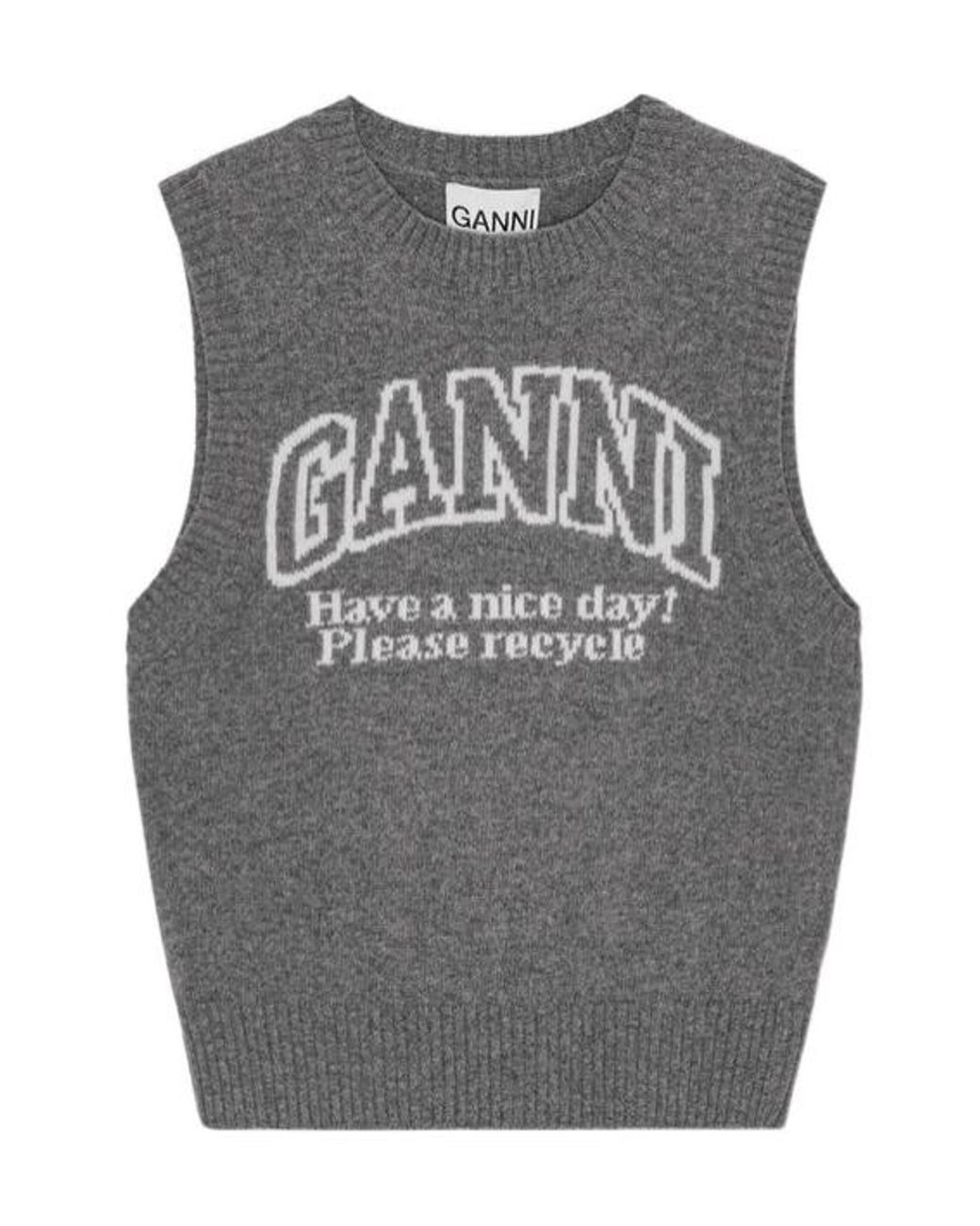 Ganni Gray Logo Intarsia Knitted Vest