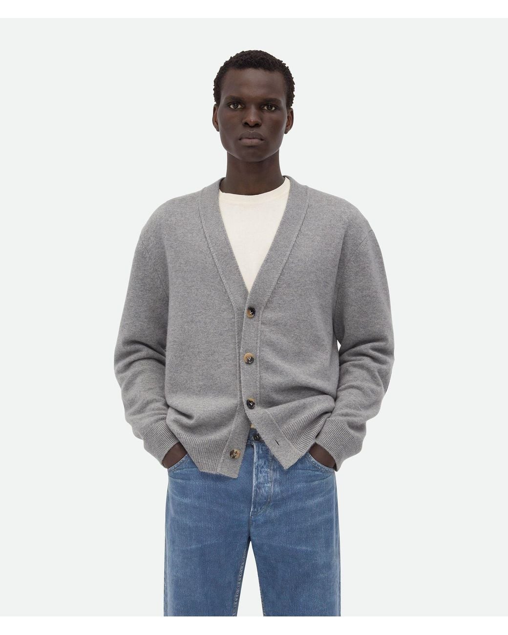 Bottega Veneta Gray Intrecciato Leather Patch Embellished Cardigan for men