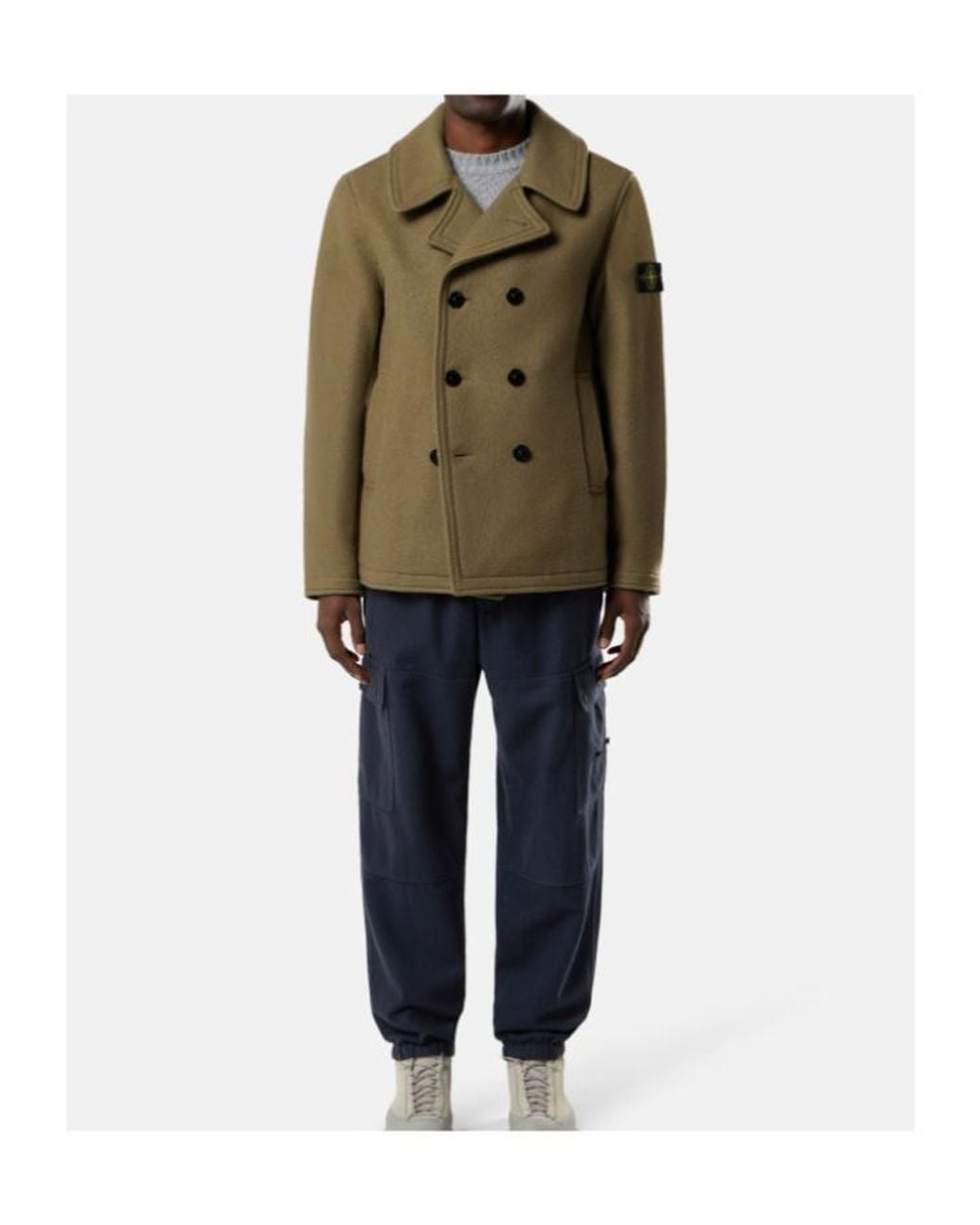 Stone Island Green Logo Patch Double-Breasted Coat for men