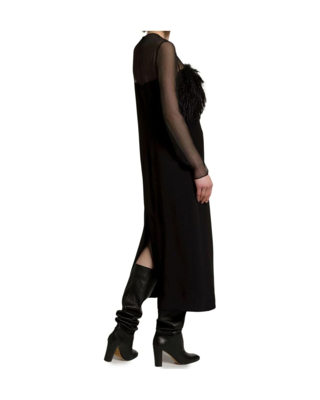 Alberta Ferretti Black Feather-Trim Sheer-Sleeve Dress