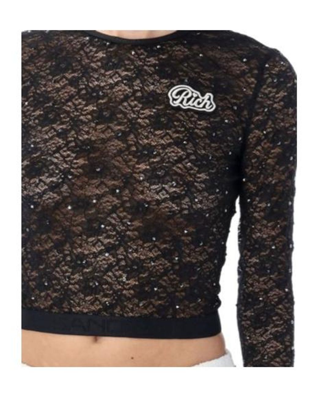 Alessandra Rich Black Long-Sleeved Crewneck Laced T-Shirt