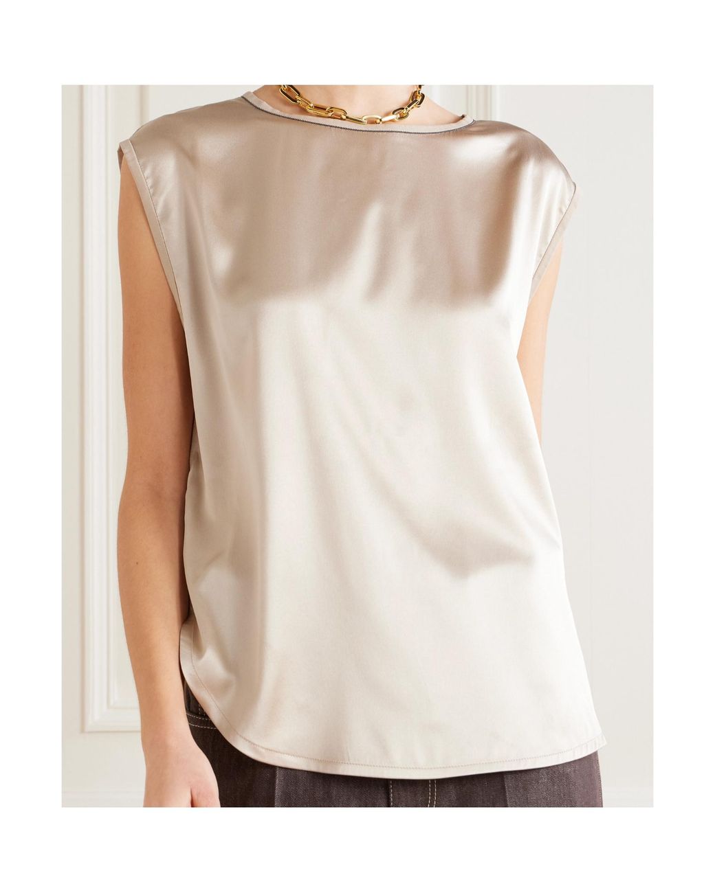 Brunello Cucinelli Natural Bead-Embellished Silk-Blend Satin Top