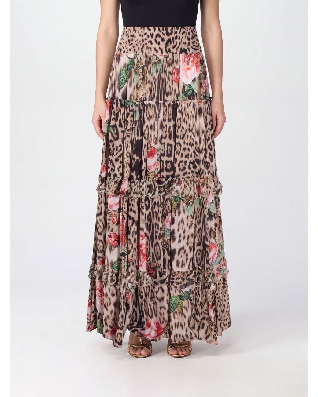 Roberto Cavalli Natural Tiered Animal-Print Skirt