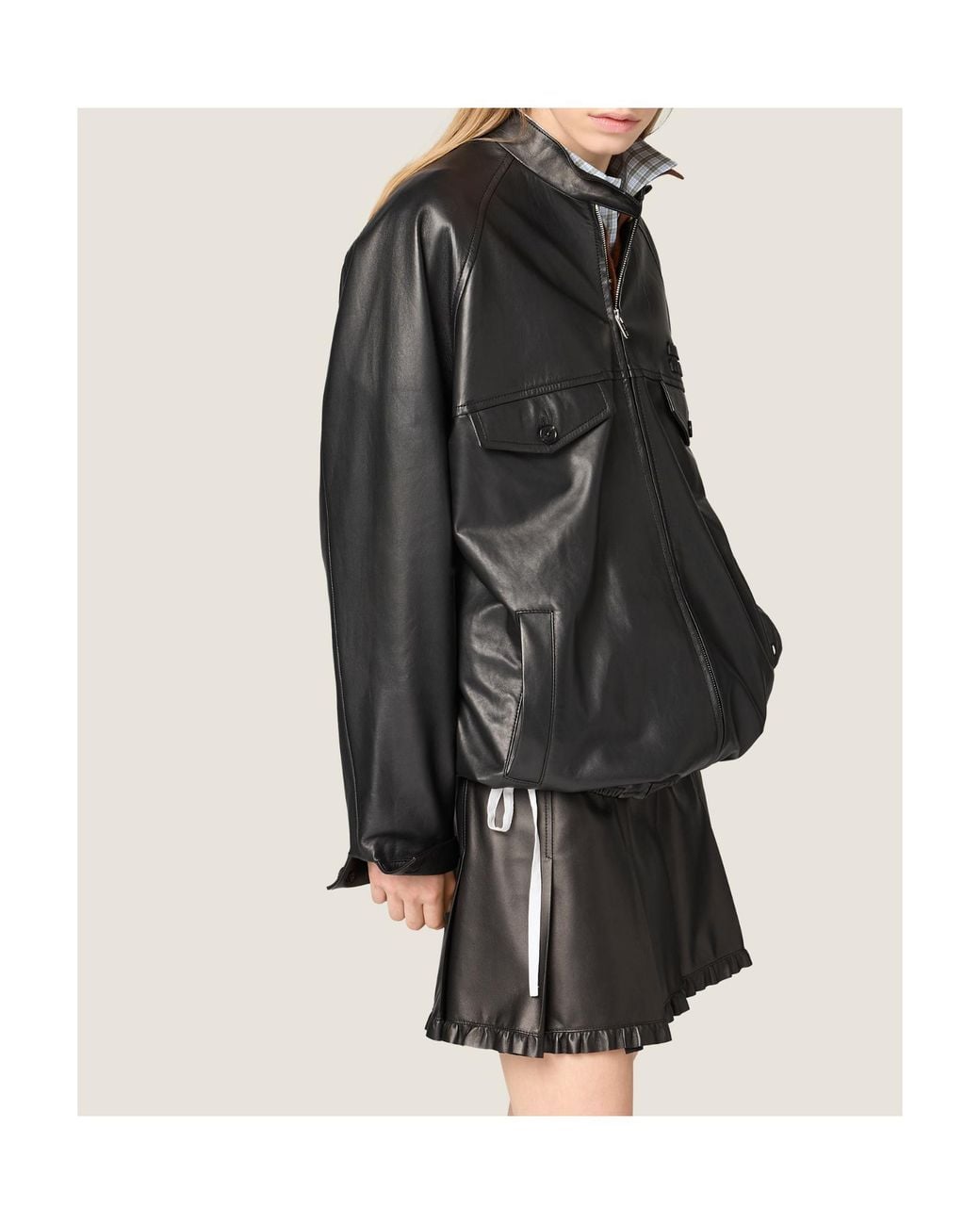 Miu Miu Gray Pleated Nappa Leather Skirt