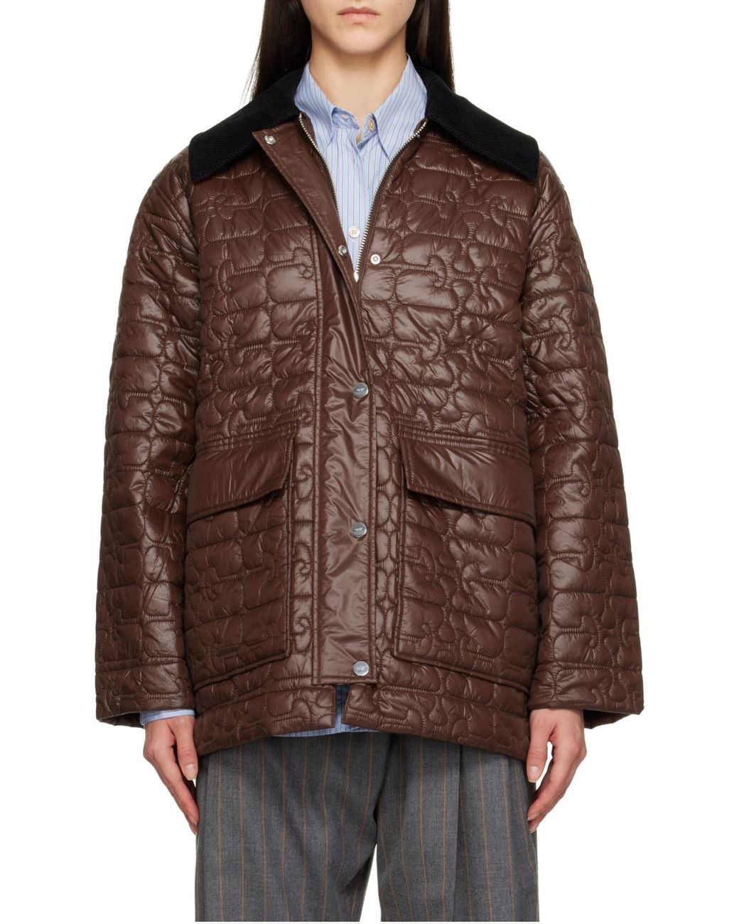 Ganni Brown Buttoned Padded Jacket