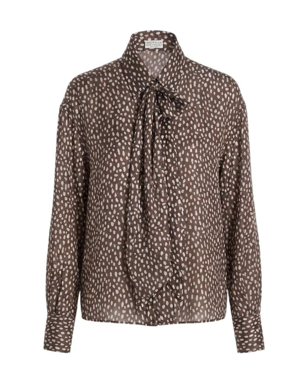 Brunello Cucinelli Brown Polka-Dot Printed Long Sleeved Shirt