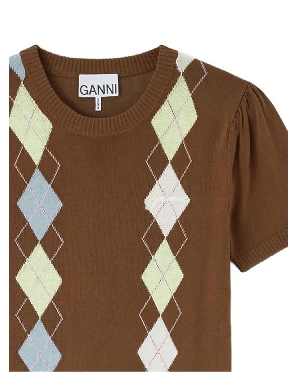 Ganni Brown Argyle Short-Sleeve Knitted Top
