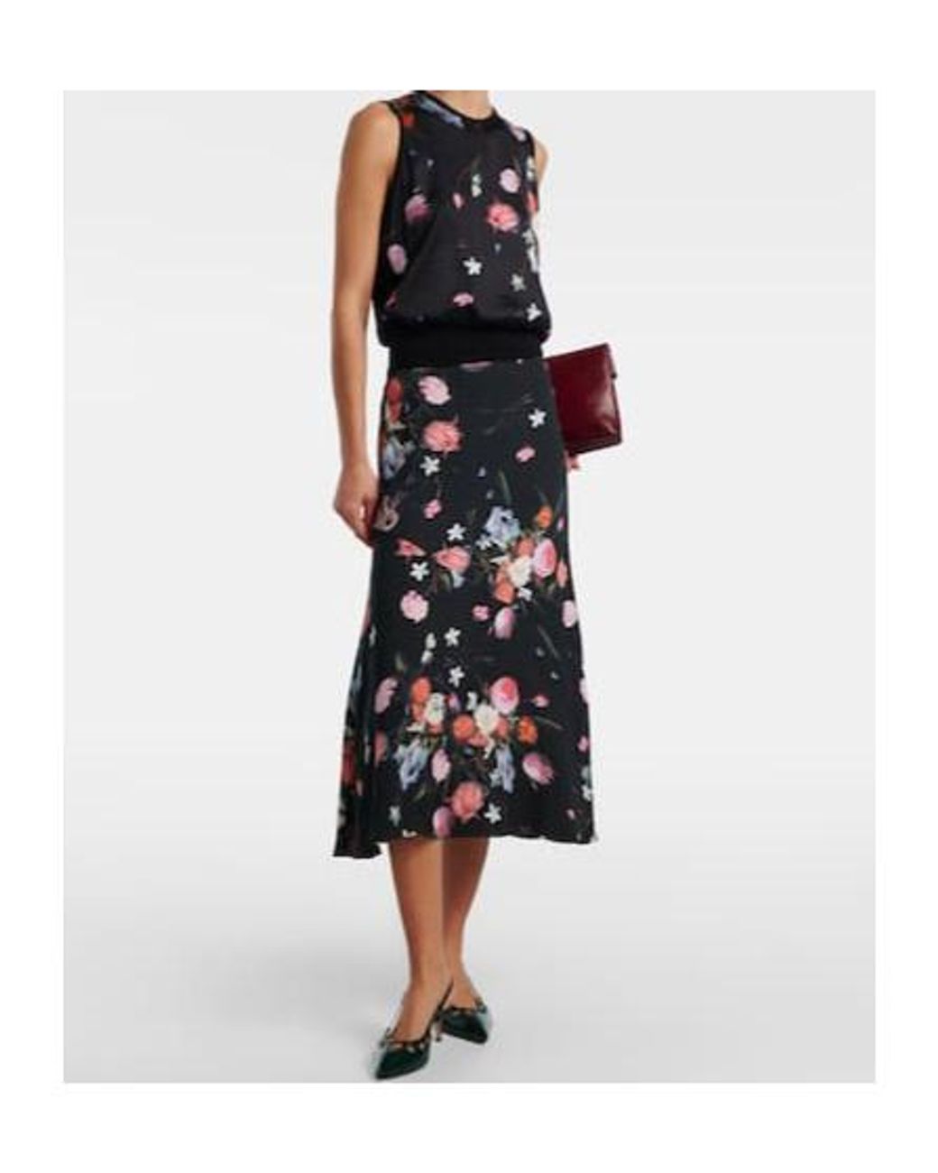 Erdem Black Floral Printed Wool Top