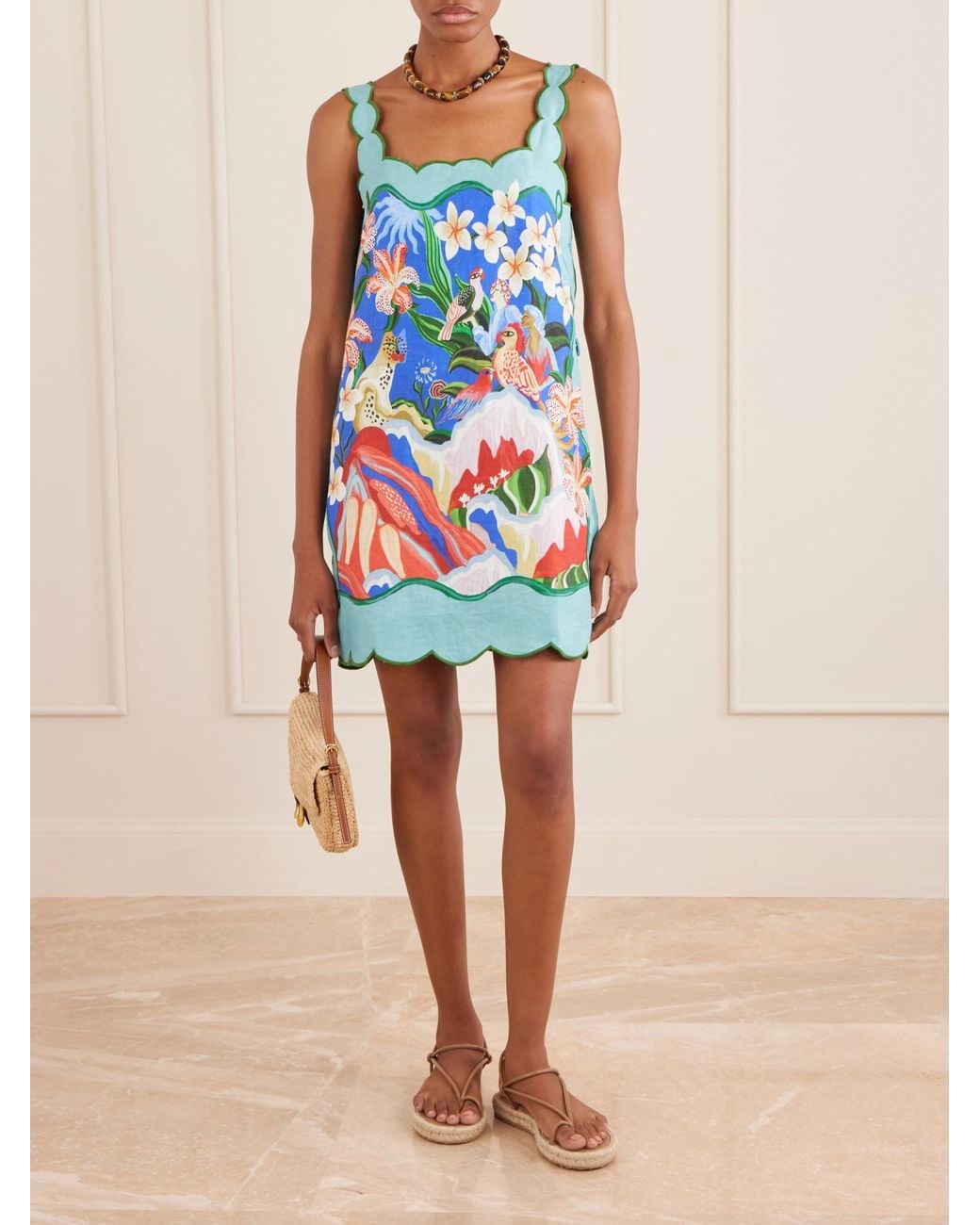 Farm Rio Blue Floral-Print Linen Mini Dress