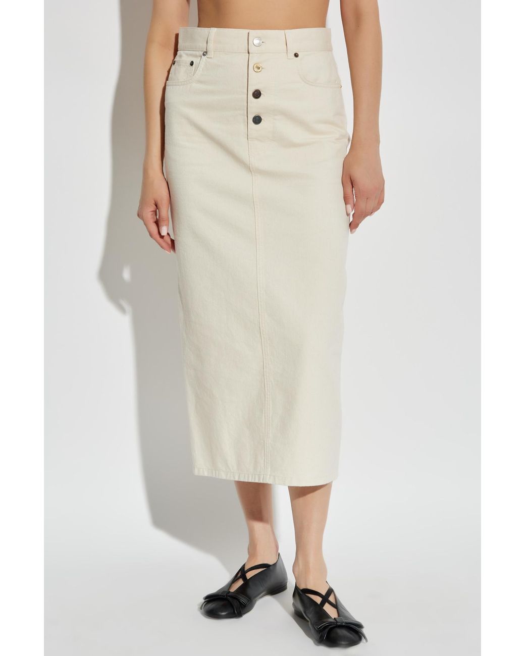 Moschino White Logo Patch Denim Midi Skirt