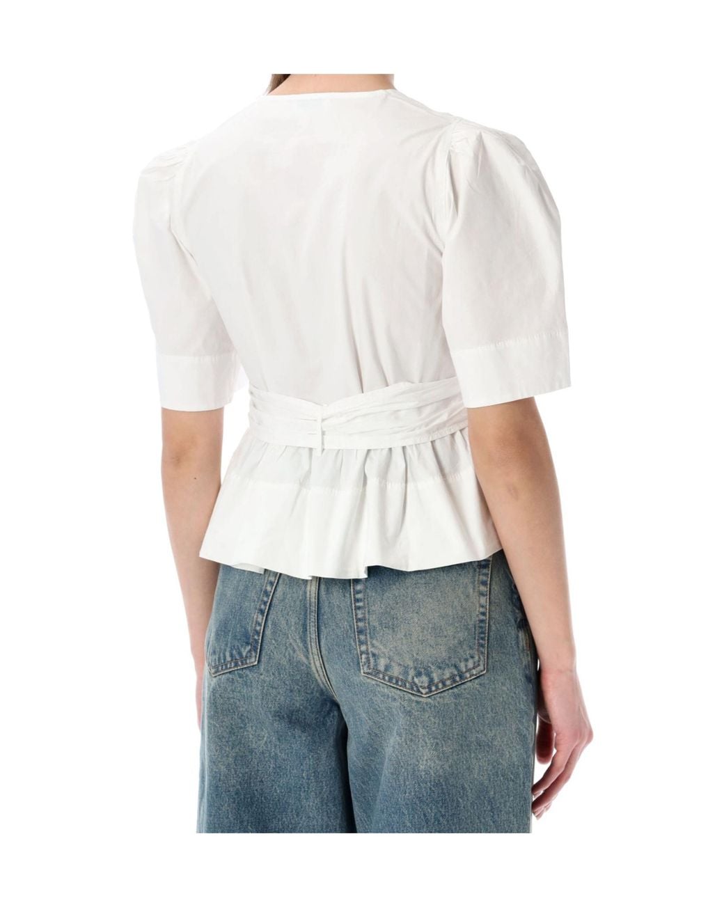 Ganni White Tie-Front Peplum Top
