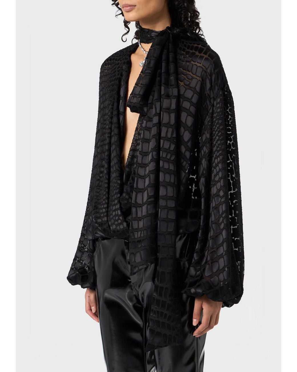 Blumarine Black Printed Devore Criss-Cross Blouse