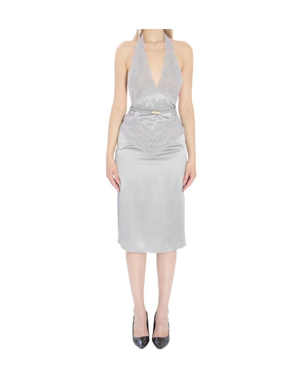 Gucci Gray Lace Detailed Satin Dress