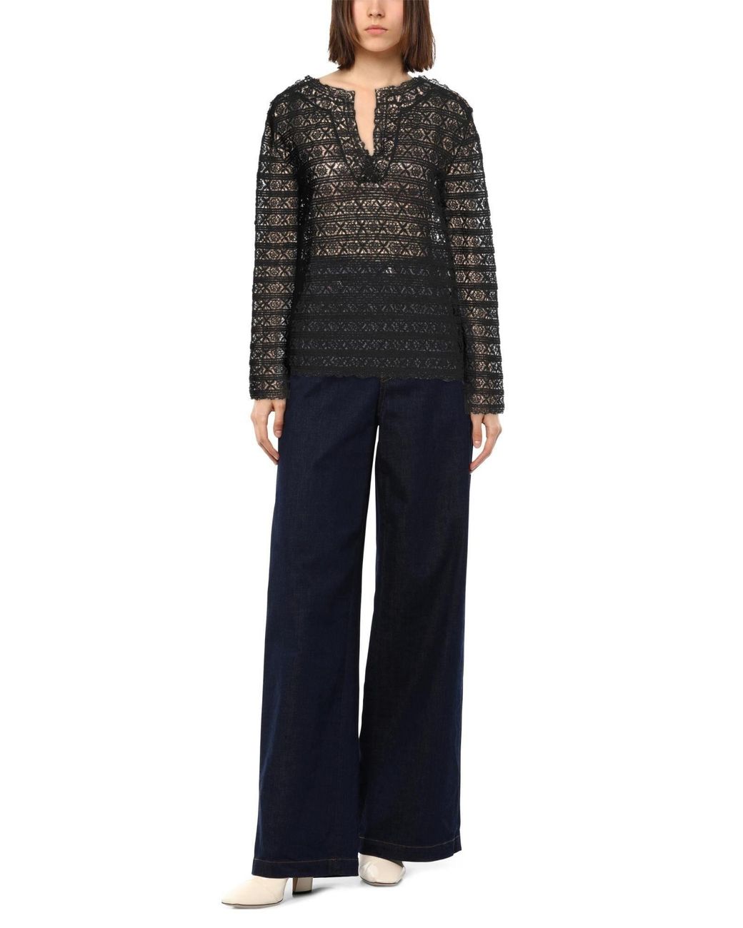 Saint Laurent Black Minimalist Longsleeve Lace Top